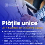 Plățile unice pentru categoriile de cetățeni vulnerabili vor fi disponibile din 5 noiembrie