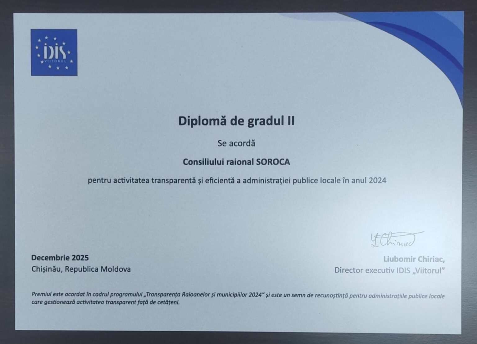 Consiliul Raional Soroca premiat cu Diplomă de gradul 2 pentru ...